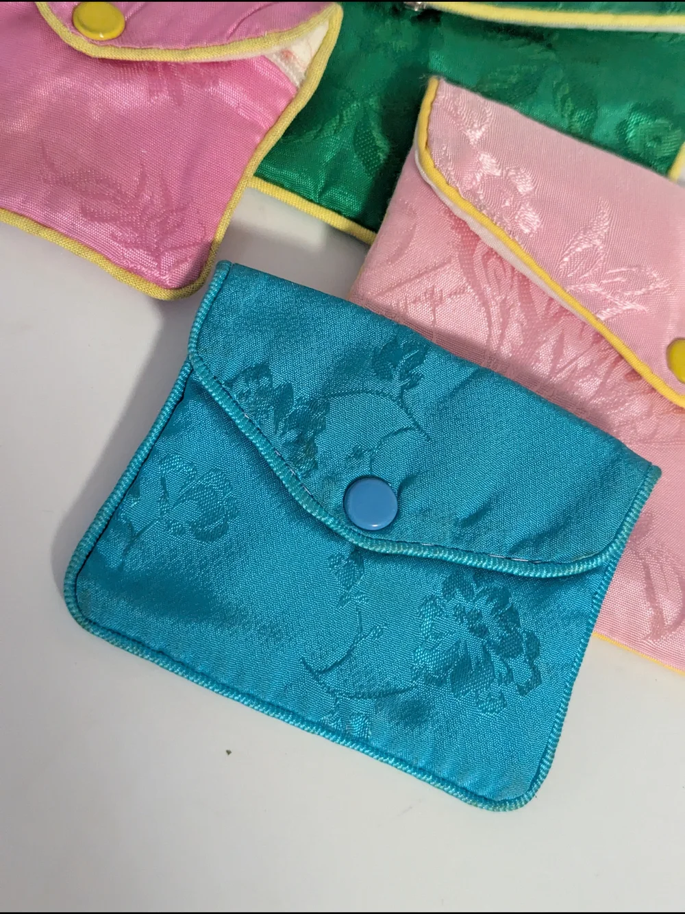 Silk Jacquard Multi-Color Zip & Snap Pouch Set - Pink, Green, Turquoise